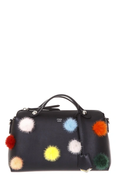 Shop Fendi By The Way Leather Bag With Multicoloured Pom Pom In Black-multicolor