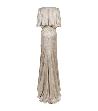 Shop Talbot Runhof Metallic Cloqué Cape Back Gown In Gold