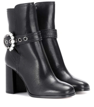 Shop Miu Miu Embellished Leather Ankle Boots In Black