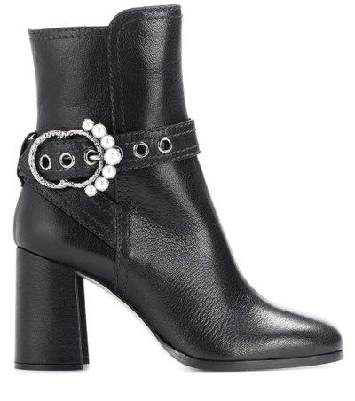 Shop Miu Miu Embellished Leather Ankle Boots In Black