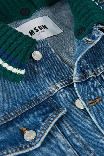 Shop Msgm Wool Collar Denim Jacket In Blue