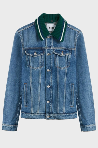 Shop Msgm Wool Collar Denim Jacket In Blue