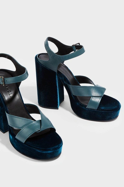 Shop Jil Sander Leather And Velvet Platform Sandals In Teal