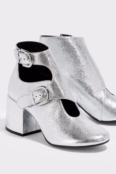 Shop Maison Margiela Buckle Leather Ankle Boots In Silver