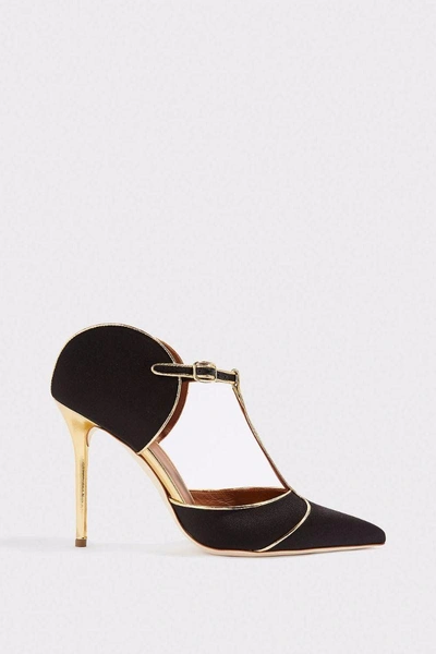 Shop Malone Souliers Imogen Metallic Leather-trimmed Satin Pumps In Black And Gold