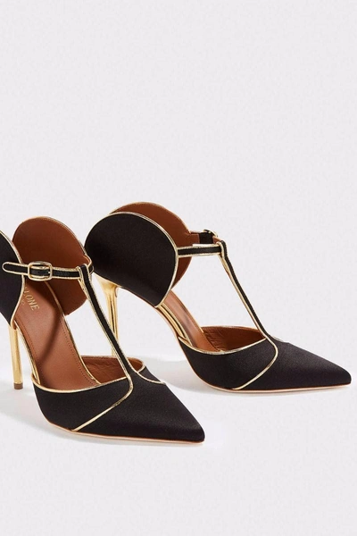 Shop Malone Souliers Imogen Metallic Leather-trimmed Satin Pumps In Black And Gold