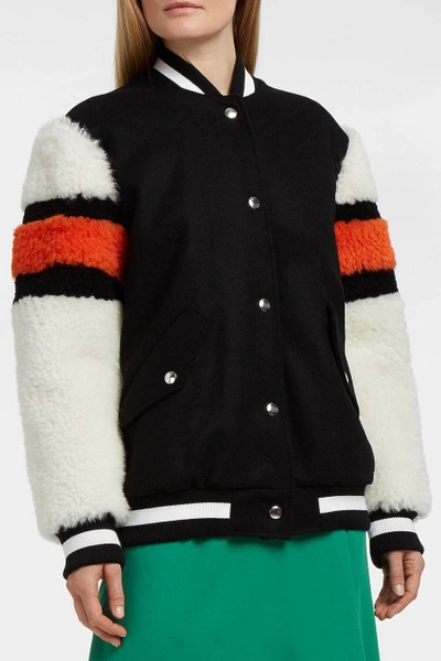 Shop Msgm Shearling-trimmed Wool-blend Bomber Jacket