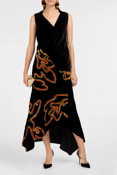 Shop Peter Pilotto Asymmetric Chenille-embroidered Velvet Skirt