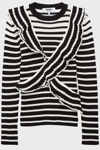 Shop Msgm Ruffled Striped Wool-blend Jumper