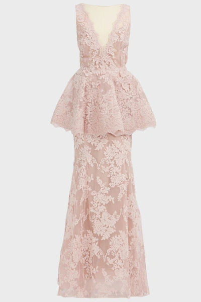 Shop Marchesa Couture Peplum Lace Gown In Pink