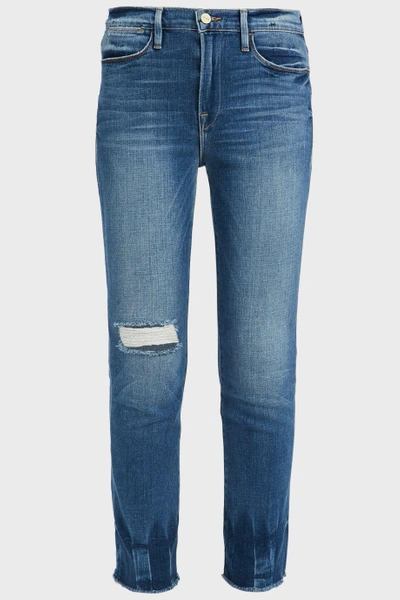 Shop Frame Distressed Knee Jeans In Blue