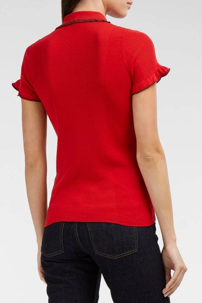 Shop Alexa Chung Frilled Metallic-trimmed Knitted Polo Shirt In Red