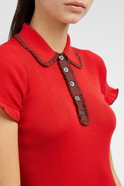 Shop Alexa Chung Frilled Metallic-trimmed Knitted Polo Shirt In Red