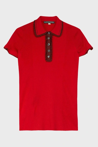 Shop Alexa Chung Frilled Metallic-trimmed Knitted Polo Shirt In Red