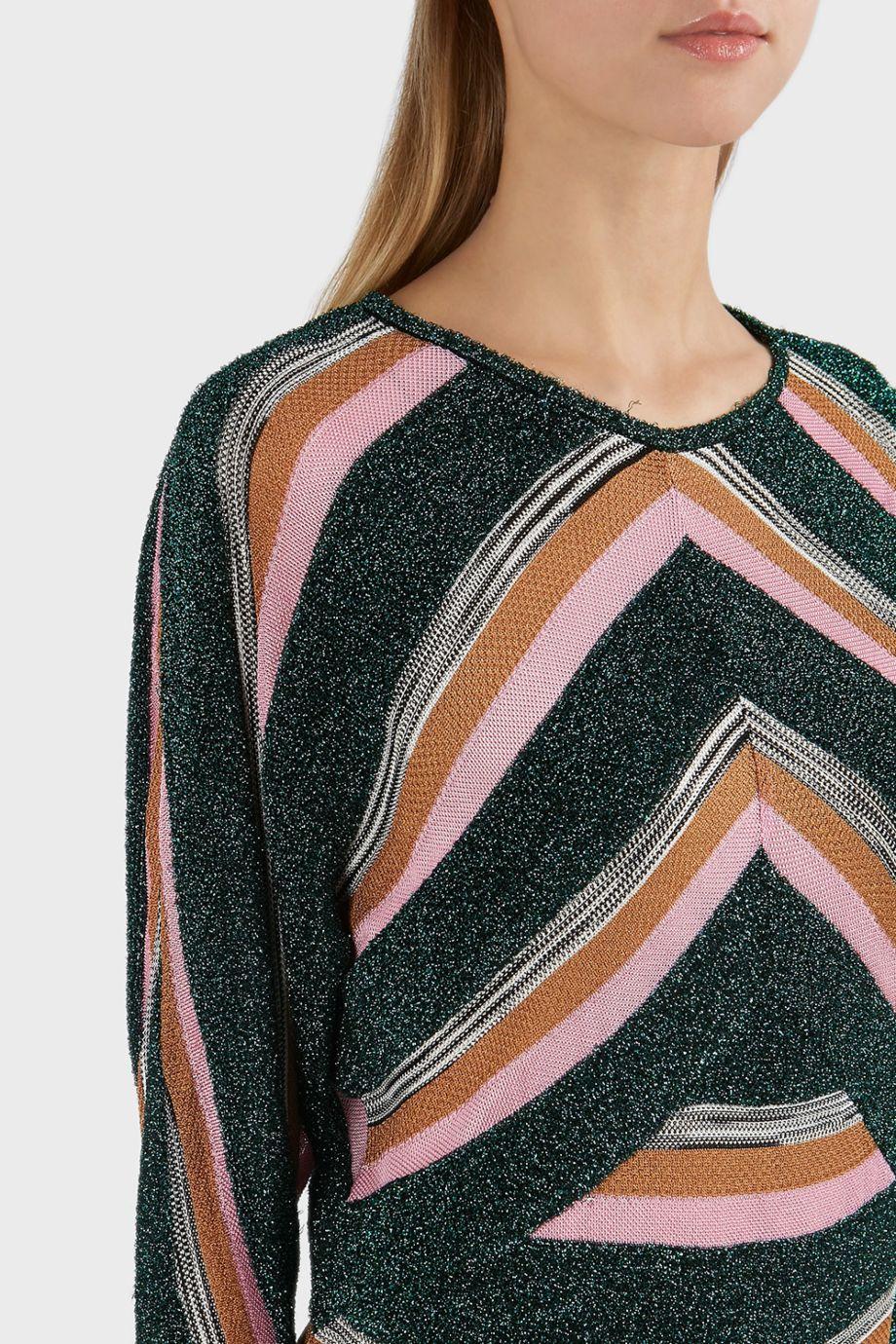 Robe Courte MISSONI Verte Et Rose à Rayures Abstraites, Taille 42/6, Avec Ceinture Et Volants