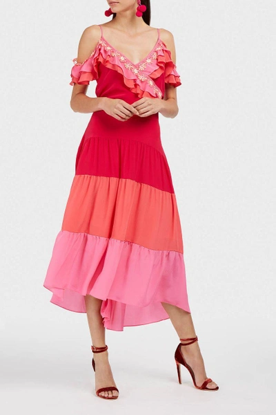 Shop Peter Pilotto Tiered Silk Crepe De Chine Skirt In Cerise, Pink And Coral