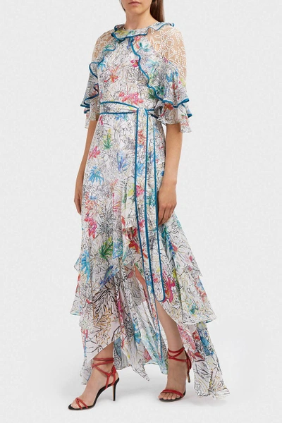 Shop Peter Pilotto Asymmetric Lace-panelled Ruffled Printed Silk-chiffon Gown
