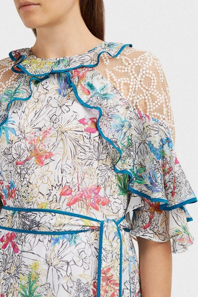 Shop Peter Pilotto Asymmetric Lace-panelled Ruffled Printed Silk-chiffon Gown