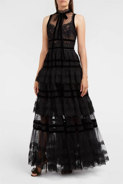 Shop Elie Saab Velvet-trimmed Tiered Lace Gown