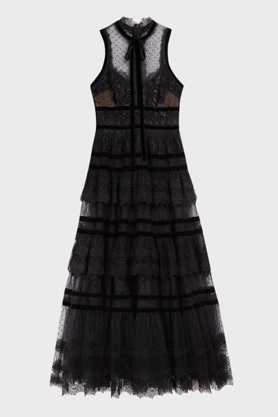 Shop Elie Saab Velvet-trimmed Tiered Lace Gown