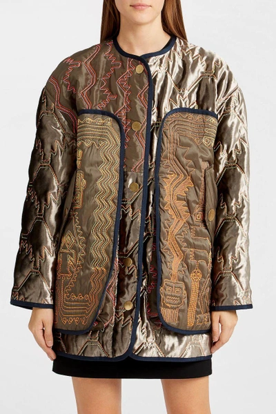 Peter Pilotto Shearling-trimmed Cotton-blend Twill And Embroidered Velvet Coat In Brown Multi