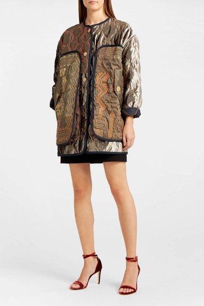 Shop Peter Pilotto Shearling-trimmed Cotton-blend Twill And Embroidered Velvet Coat
