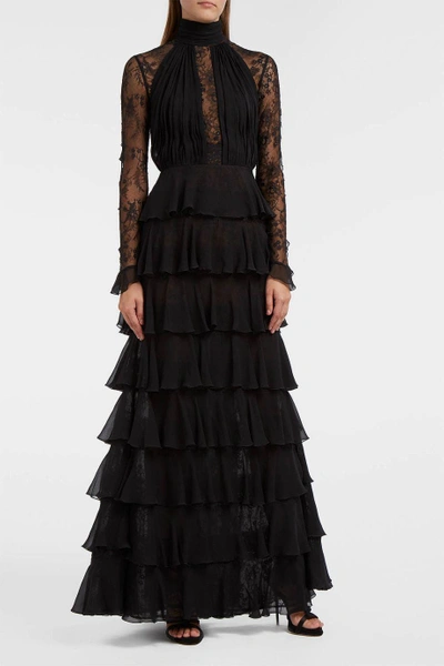 Shop Elie Saab Tiered Silk-chiffon And Lace Gown