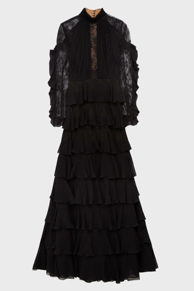 Elie Saab Tiered Ruffle-trimmed Lace And Chiffon Gown In Black | ModeSens
