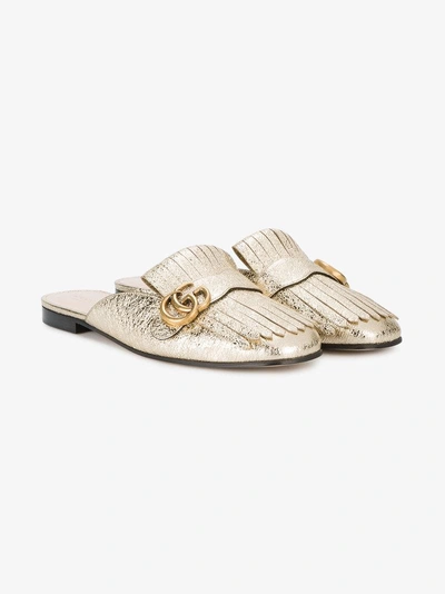 Shop Gucci Gold Marmont Leather Mules In Metallic