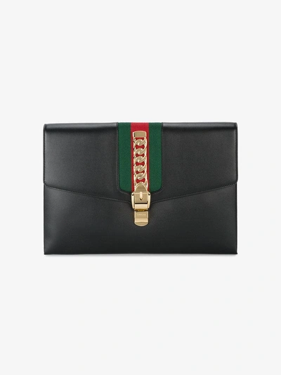 Shop Gucci Black Sylvie Maxi Leather Clutch Bag