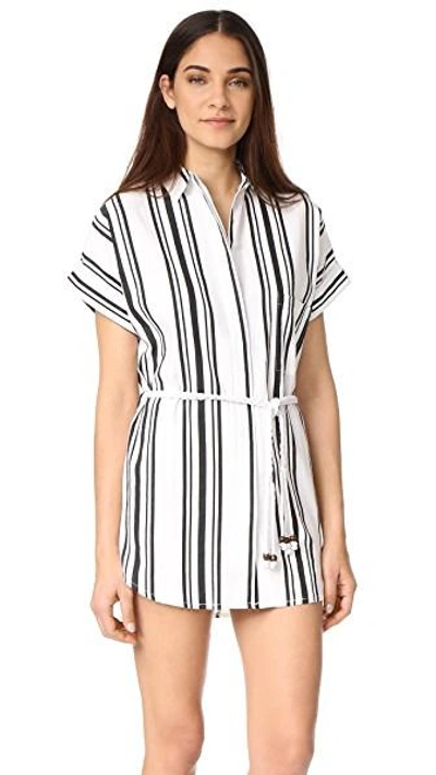Shop Soleil Striped Linen Beach Dress In Black/white