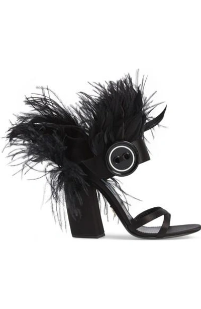 Shop Prada Feather Block Heel Sandal In Black Satin
