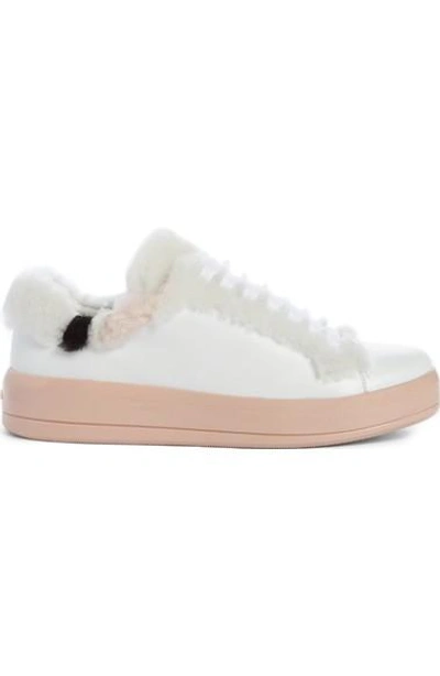 Shop Prada Genuine Shearling Trim Platform Sneaker In White/ Pink