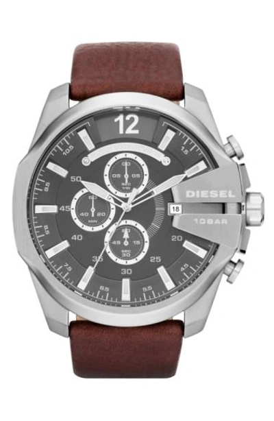 Shop Diesel 'mega Chief' Leather Strap Watch, 51mm In Brown/ Silver