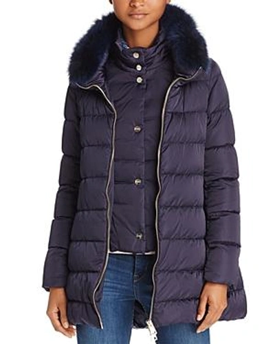 Shop Herno Fox Fur Trim Satin Down Coat In Blue