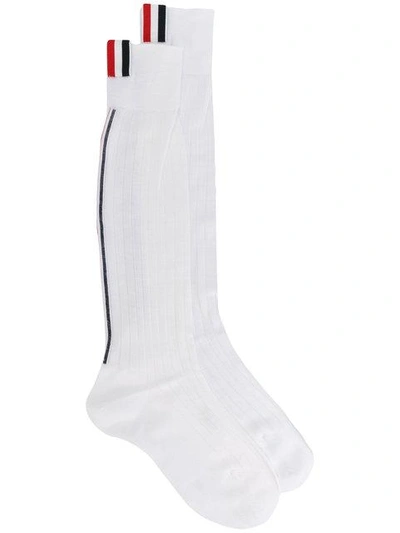 Shop Thom Browne Striped Ribbed Wool Socks - White
