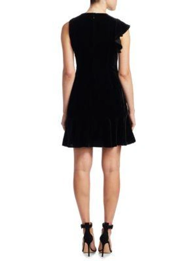Shop Scripted Velvet Ruffle Mini Dress In Black