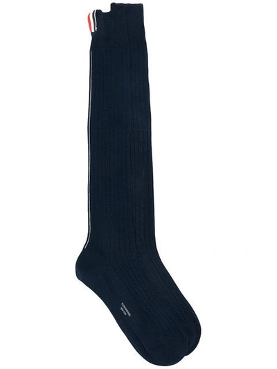 Shop Thom Browne Rwb Stripe Knee-high Cotton Sock In Blue