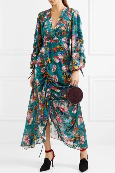 Shop Preen By Thornton Bregazzi Opal Ruched Floral-print Devoré-chiffon Midi Dress