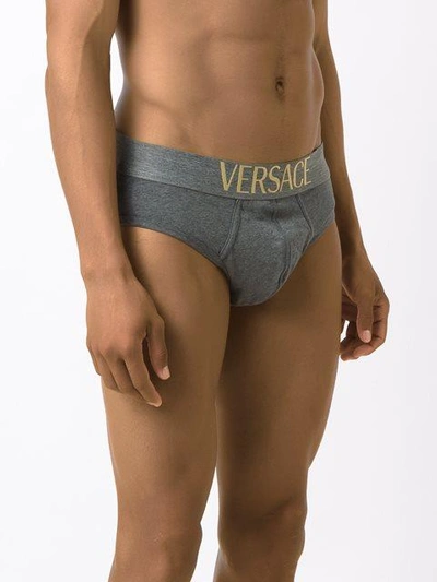 Shop Versace Logo Waistband Briefs In Grey