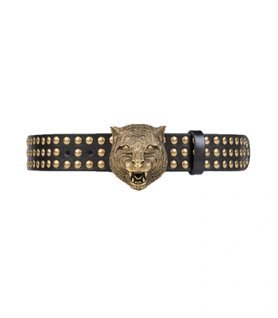 Shop Gucci Black/gold Studded Tiger Head Belt