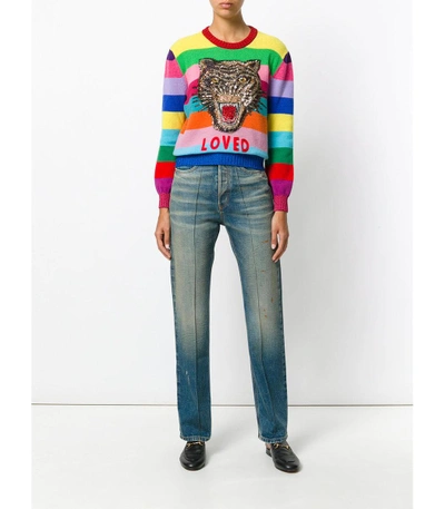 Shop Gucci Blue Embroidered Faded Jeans