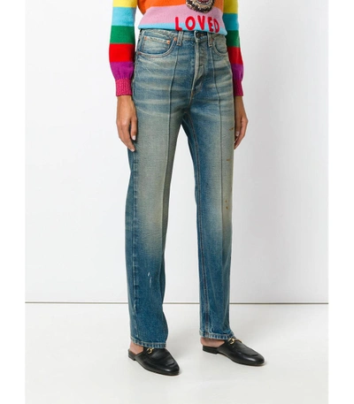 Shop Gucci Blue Embroidered Faded Jeans