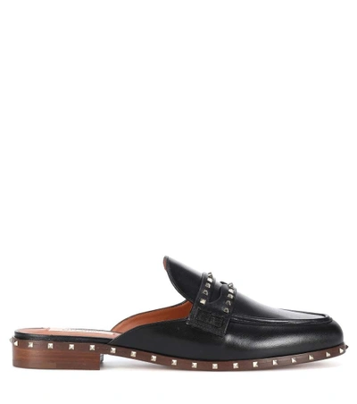 Shop Valentino Garavani Soul Rockstud Leather Slippers In Eero