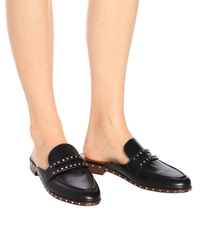 Shop Valentino Garavani Soul Rockstud Leather Slippers In Eero