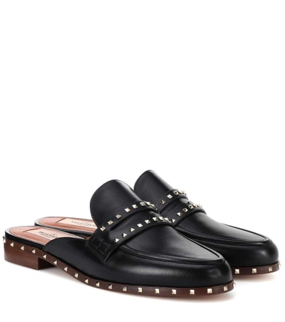 Shop Valentino Soul Rockstud Leather Slippers In Black