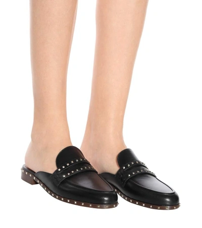 Shop Valentino Soul Rockstud Leather Slippers In Black