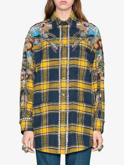 Shop Gucci Embroidered Plaid Oversized Shirt In Blue