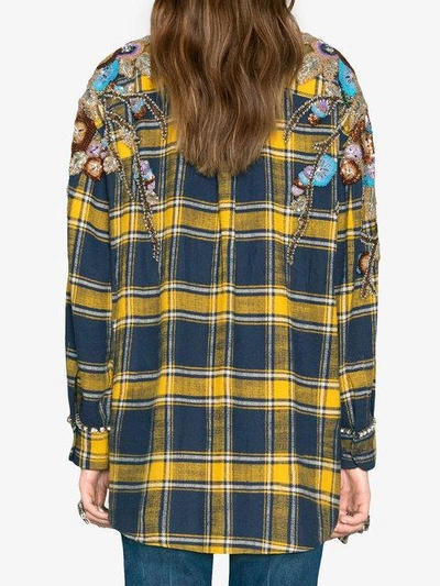 Shop Gucci Embroidered Plaid Oversized Shirt In Blue