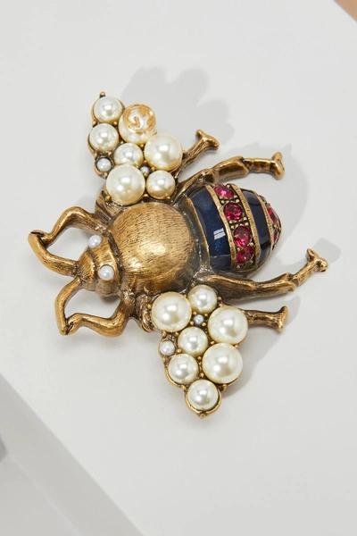 Shop Gucci Bee Brooch With Crystals And Pearls